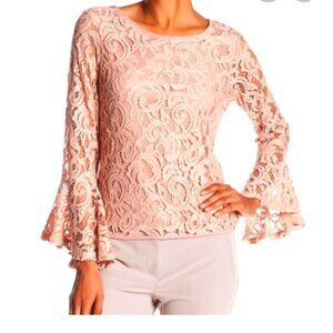 Adrianna Papell Blouse Blush Pink Full Lace Lined Dramatic Bell Sleeves Size XL